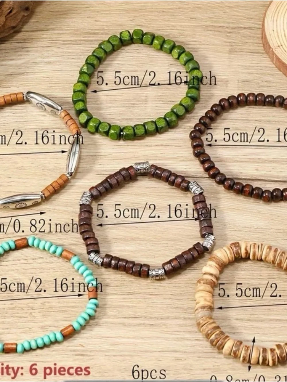 6pcs Bohemian Coconut Shell Wood Bead Bracelet Set in Turquoise, Brown & Black